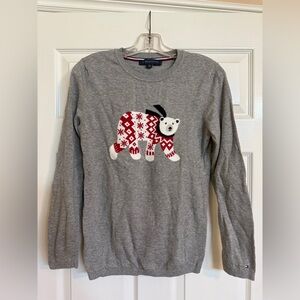 Tommy Hilfiger Gray Holiday Polar Bear Sweater with Red Accents 100% Cotton Sz S